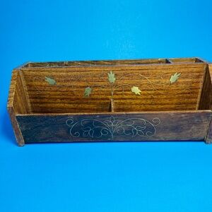 Wooden Desk Organizer with embedded Leaf Design in brass.